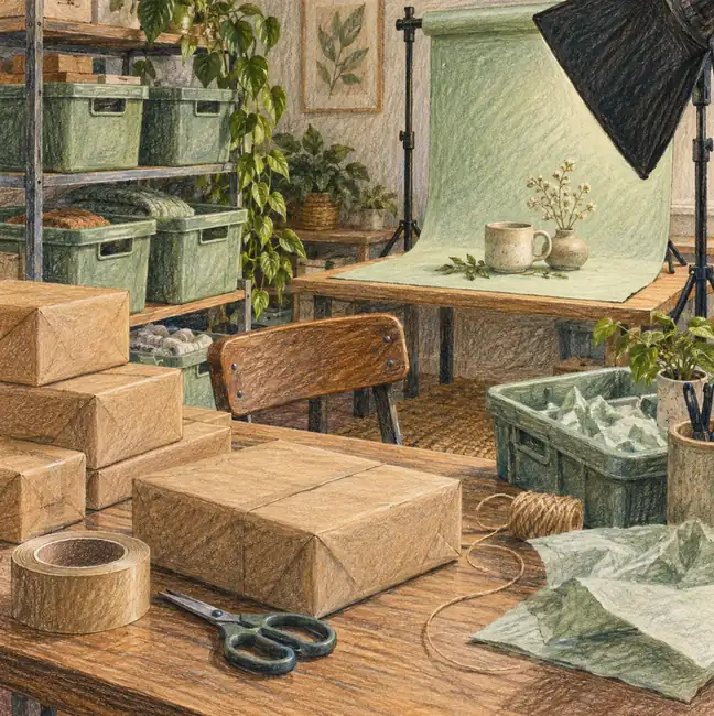 Illustration of online retail businesses equipment and workspace